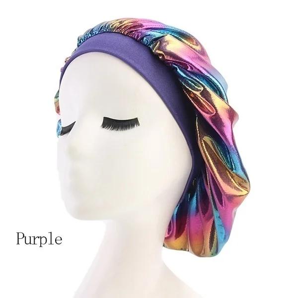 New Women Laser High Elasticity Wide Side Sleeping Cap Perm Hat Chemotherapy  Bath S Silk Bonnet for Sleeping