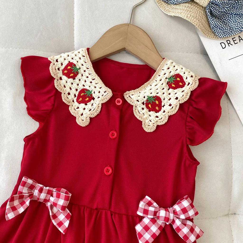 Red Strawberry Princess Dress with Flutter Sleeves for European and American Girls
