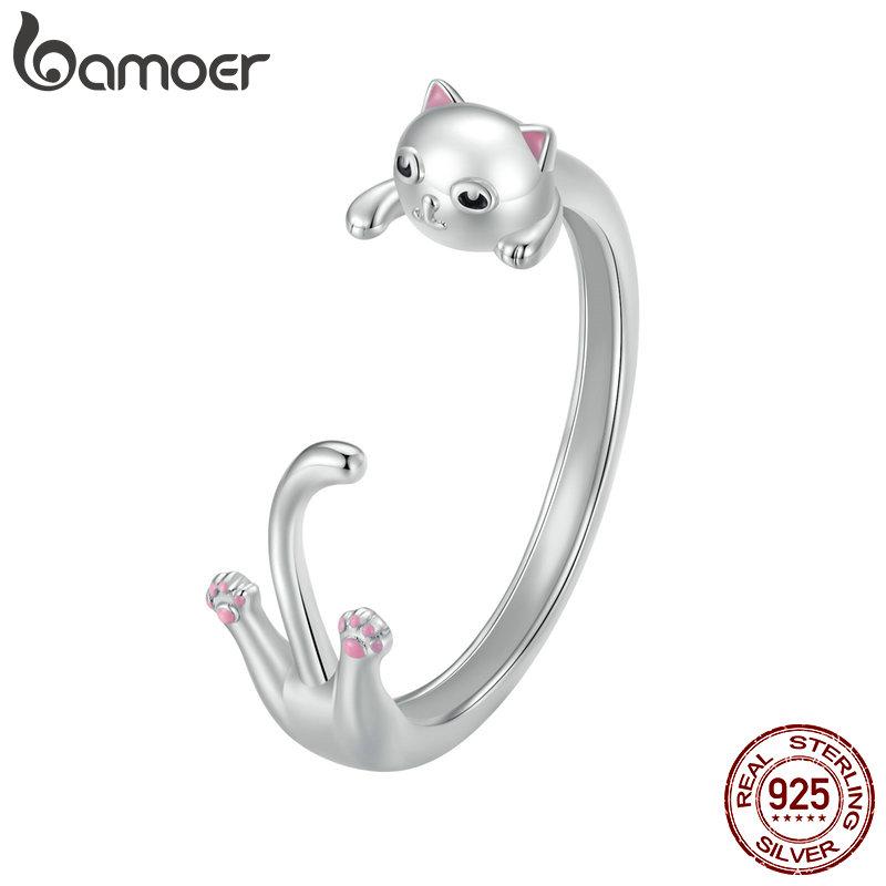 BAMOER 925 Sterling Silber Sticky Cute Black Cat Verstellbarer Ring für Frauen Edlen Schmuck