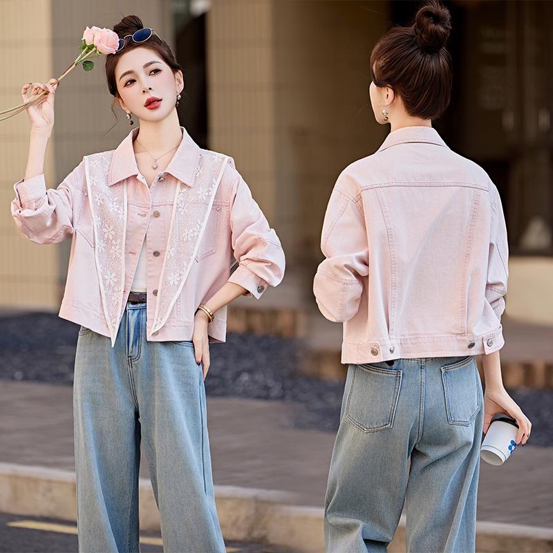 

Весна 2025 Джинсовая куртка в ретро-стиле Гонконга со шарфом - Женская, с длинным рукавом, свободного кроя, HF25813 XL: 125-140 lbs розовый