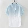 Short-sleeved Shirt Linen Cool Breathable Comfortable Gradient Blue Hawaiian Beach Men's Cardigan Shirt