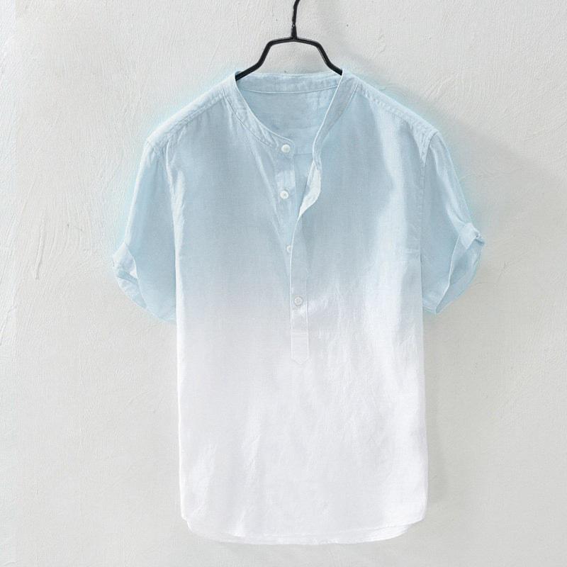 Short-sleeved Shirt Linen Cool Breathable Comfortable Gradient Blue Hawaiian Beach Men's Cardigan Shirt