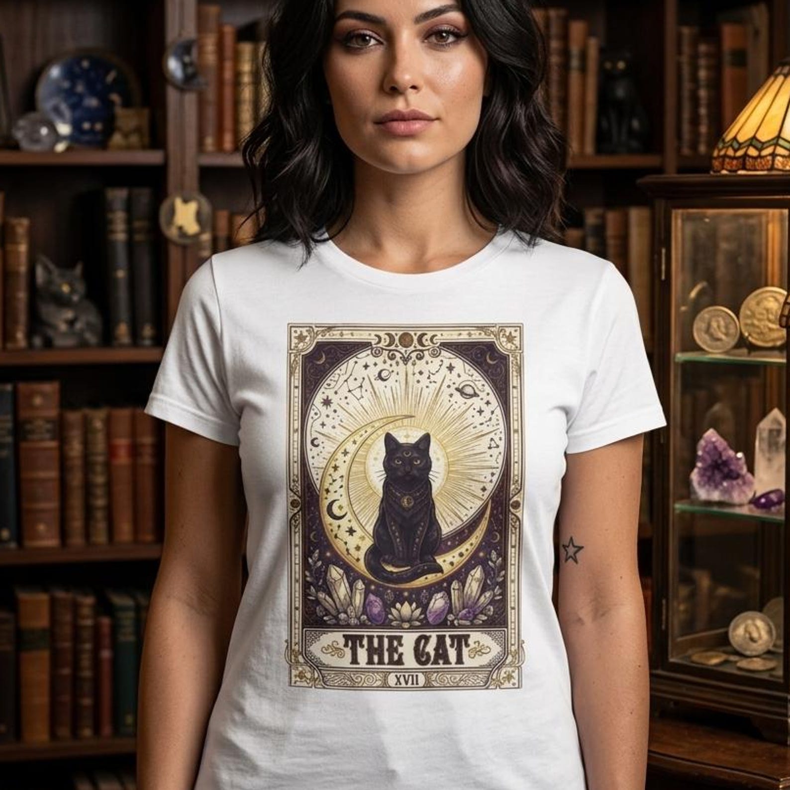 The Custom Cat Tarot Style Illustration Tee Black Cat Moon Mystic Art Witchy Shirt M