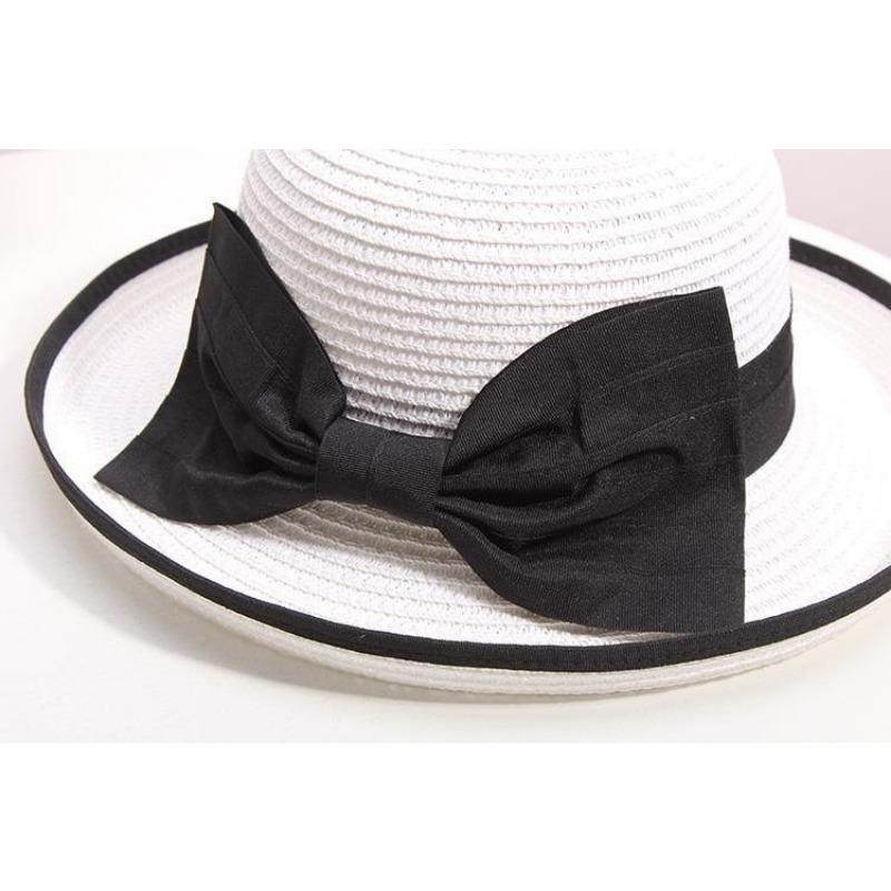 Elegant Straw Sun Hat with Black Big Bow - Wide Brim, White & Black Dome, Perfect for Summer and Formal Occasions,Tea Party