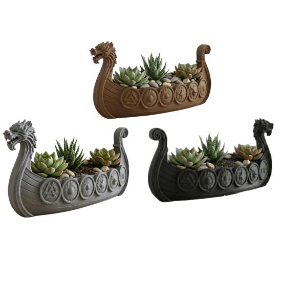 Zahradní Balkonová Rostlinná Dekorace Viking Longship Květináč, Dračí Loď Vnitřní Držák na Kaktusy Dekorativní Vzdušný Květináč Vzdušné Rostliny, Rustikální Severský