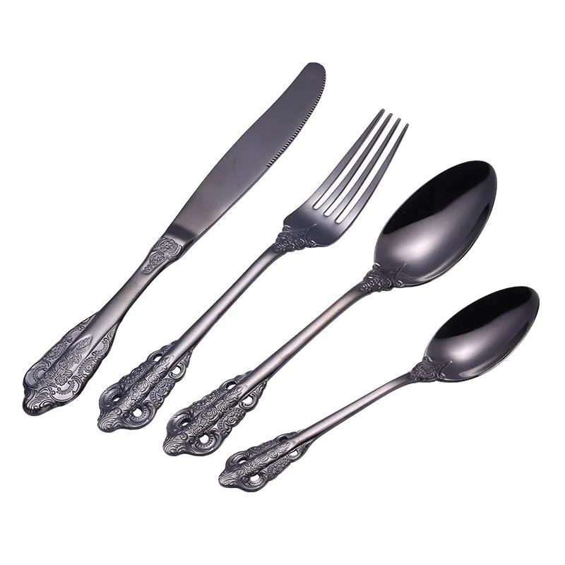 24 Pcs 18/10 Stainless Steel Black Gold Silver Cutlery Dinnerware Meat Knives Coffee Spoon Fork Flatware Set Dishwasher Safe