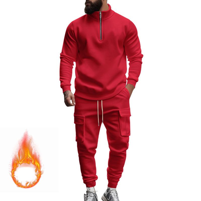 

Autumn and Winter Men s New American Men s Casual Velvet Thermal Zipper Men s Sports Trousers Set S красный