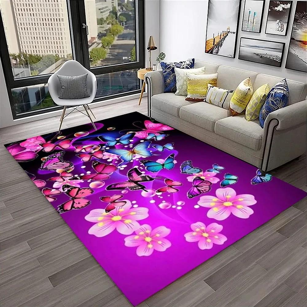 3D Luxury Dream Butterfly Flower Carpet Non-slip Floor Mat for Home Living Room Bedroom Sofa Washable Kid Play Area Decor Rug