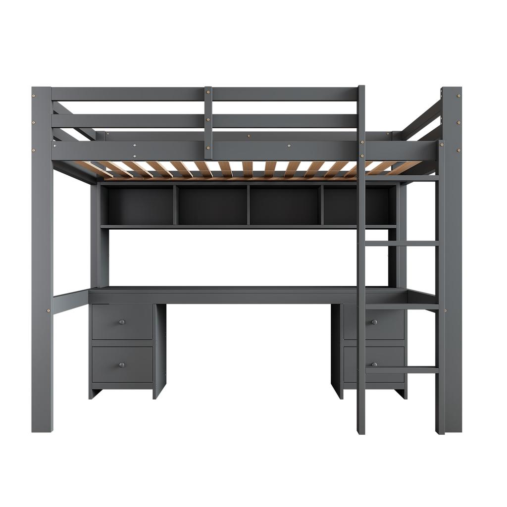 Hochbett 90x200cm Kinderbett Schreibtisch Schubladen Lagerregal Lattenrost Hohes Geländer Stabile Treppe Jugendliche Erwachsene Schlafsaal Grau