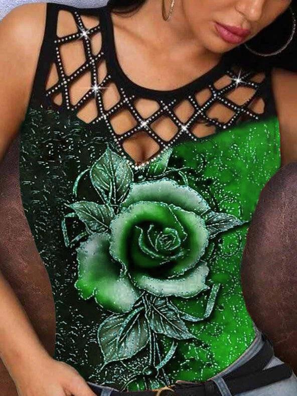 women's Rhinestone Hollow Out 3D Rose Print Slim Fit Tank Top Sleeveless Casual Camisole Top