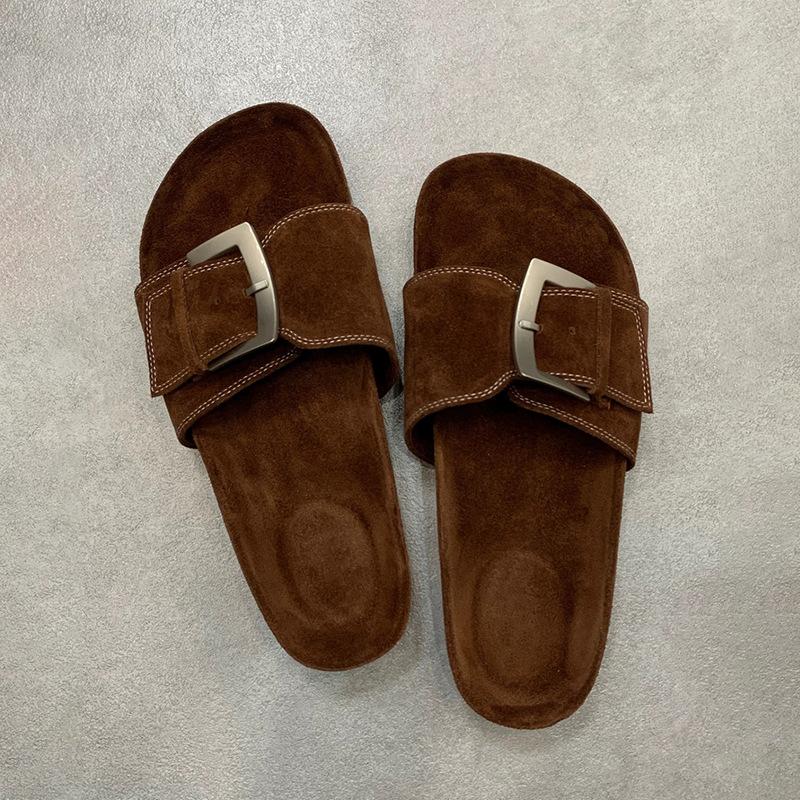 Cowhide version~ niche summer new retro leather big buckle one-word slippers women open-toed thick-bottomed Birkenstock sandals women