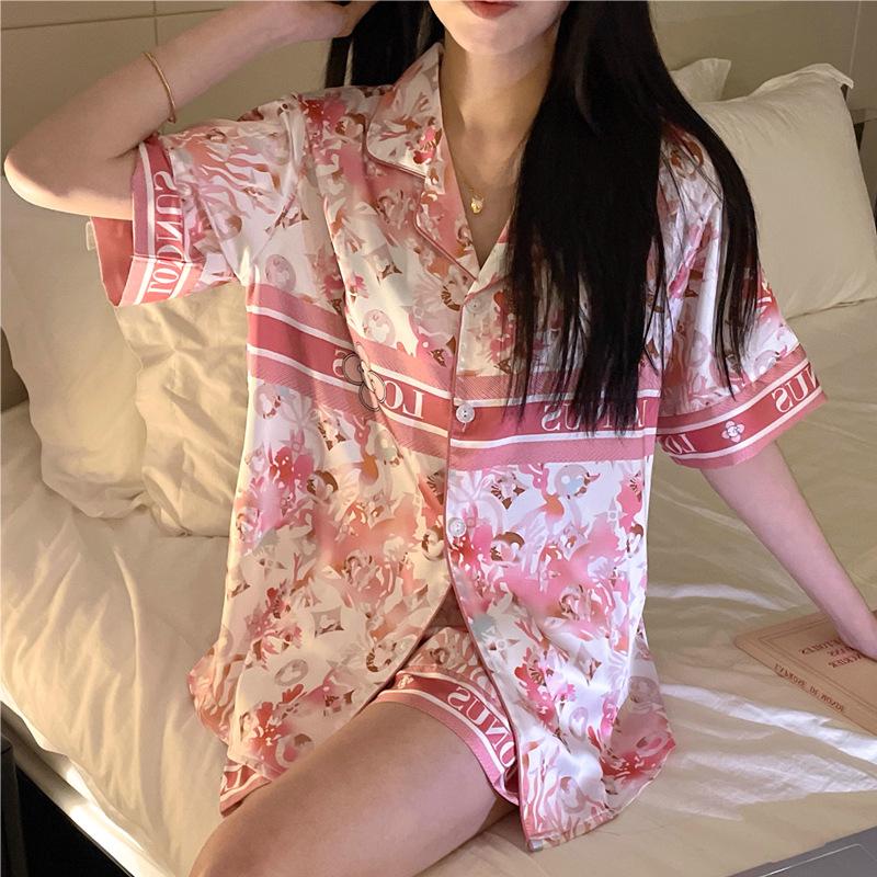 Summer Lapel Cardigan Pajamas Women S Floral Letter Print Short-Sleeved Shorts Ice Silk Suit Loungewear M