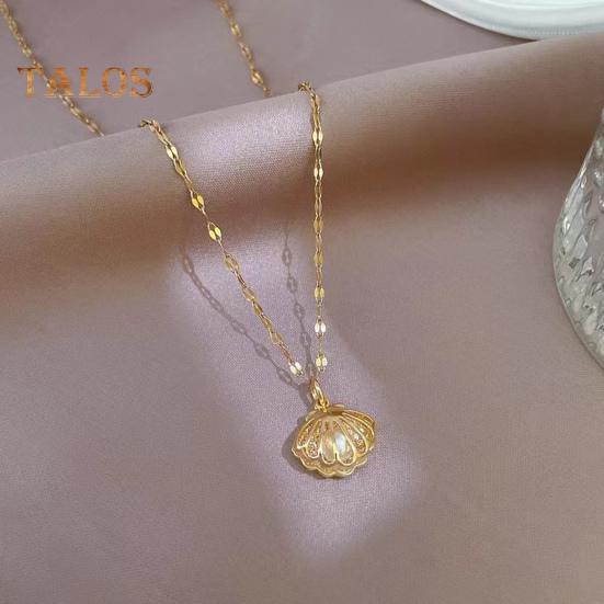 Hollow Shell Faux Pearl Necklace Golden Shell Pendant Necklace Jewelry Gift for Wedding Anniversary Birthday
