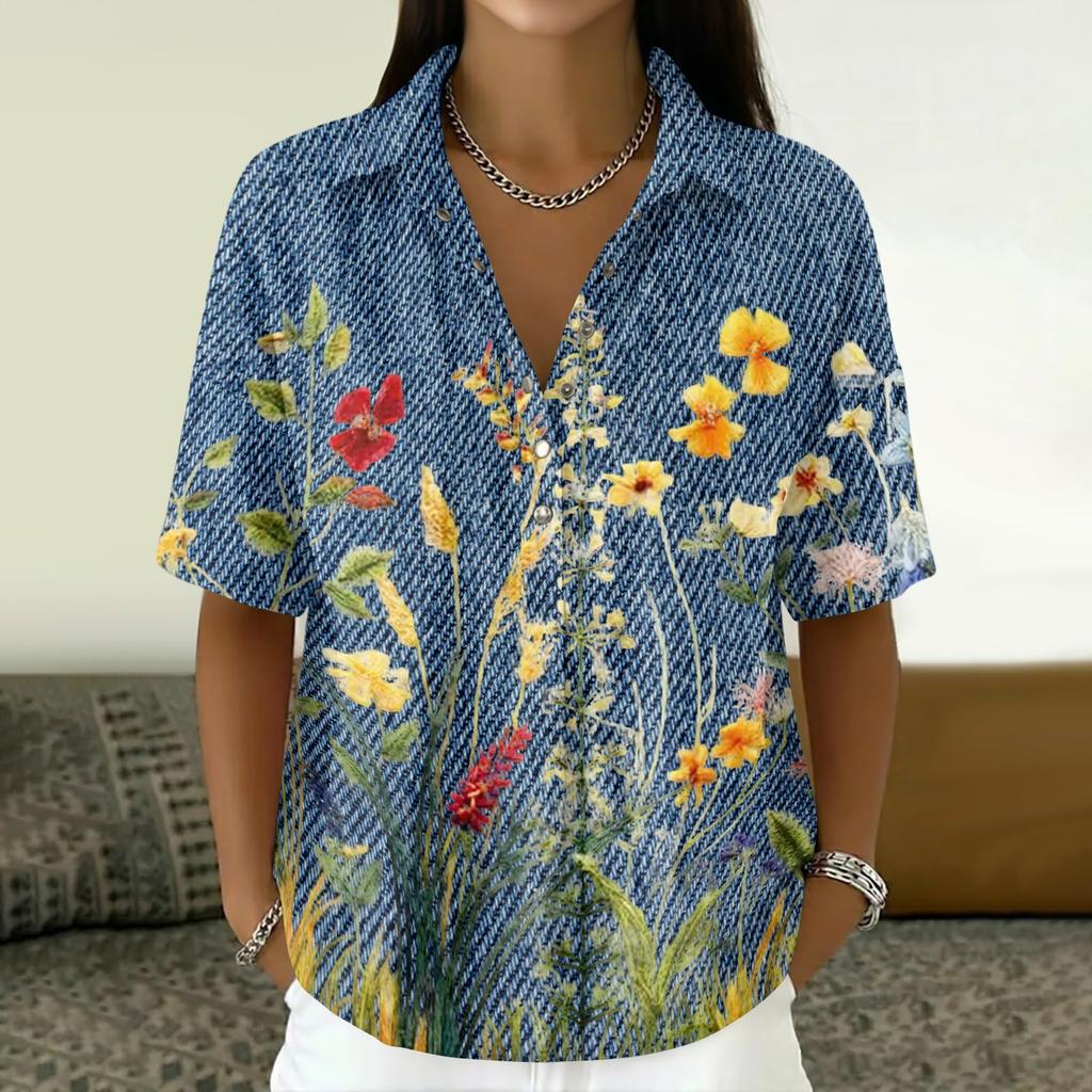 Women's Fashion Polo Collar Button Vintage Floral Print Loose Fit Short Sleeve T Shirt Linen Blend Casual Top