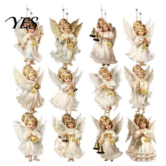 Wooden Angel Ornaments 24 Pcs Victorian Style Hanging Set, Golden Wings & White Dresses, Vintage Pendant Decorations Tree with Various Poses,