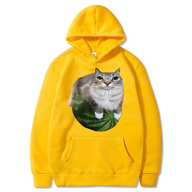 Funny Silly Watermelon Cat Meme Hoodie Women Humor Stylish Hilarious Long Sleeve Oversized Fleece Casual Pullover Streetwear