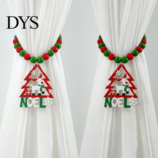 Wooden Bead Curtain Tiebacks 1 Pair Xmas Charm Christmas Ties Beaded Holdbacks for Drapes Living Room Bedroom Nursery Decor Easy-operate Holders