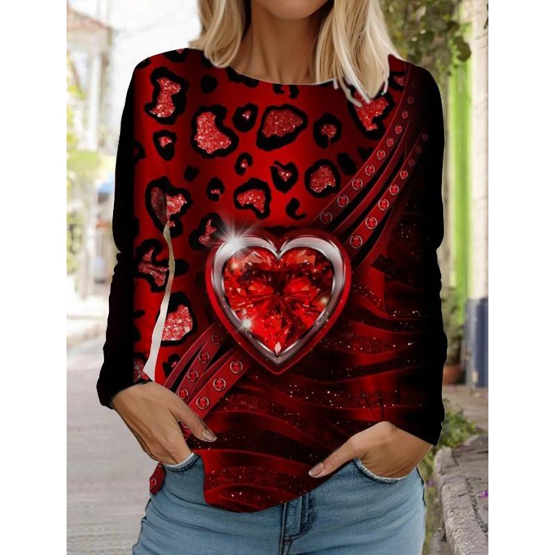 Spring And Autumn Long Sleeve Lip Print Leopard Printed T-Shirts Women Basic Casual Tops Female Loose Round Neck Tees Clothing