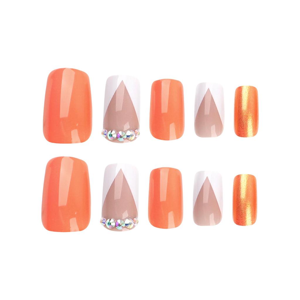 Orange & White French Rhinestone Color-Changing Dragon Glitter Nail Stickers - Finished False Nails
