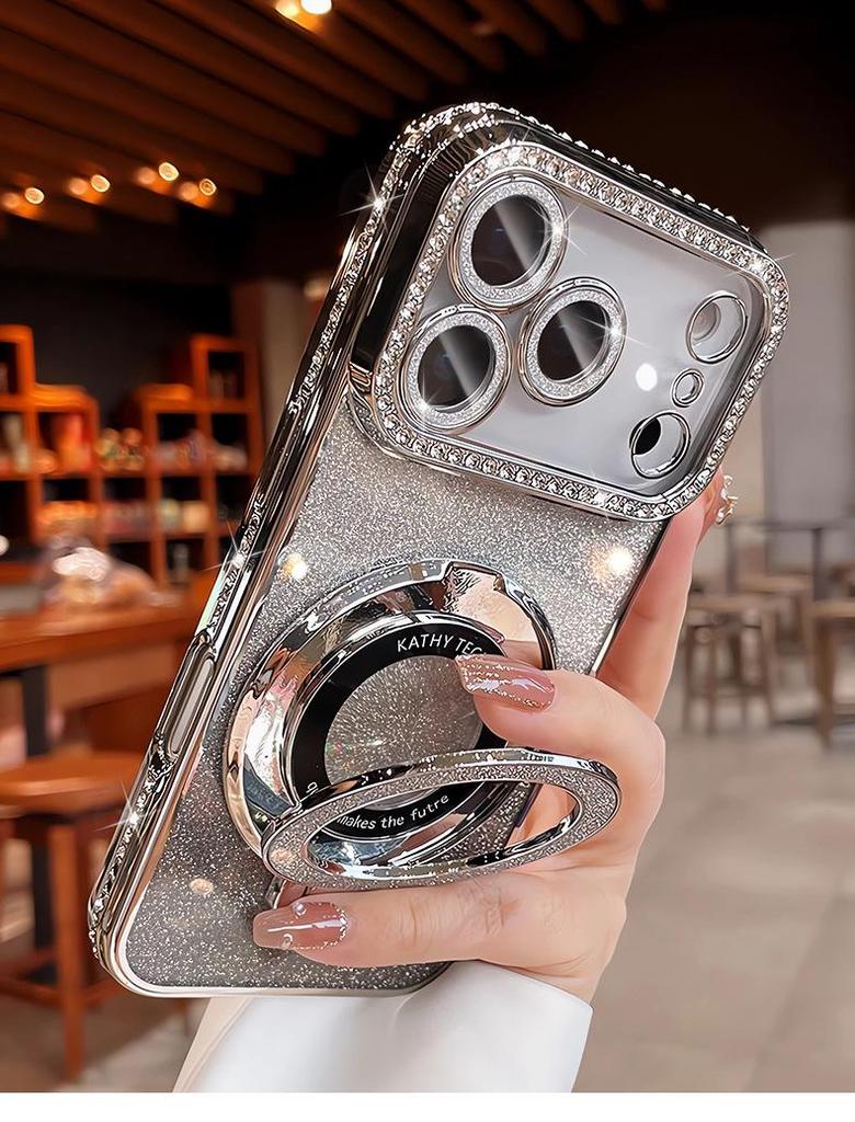 Rhinestone Glitter Magnetic Stand Case with Lens Film for iPhone 17 Pro Max, Drop-proof, Apple 16.