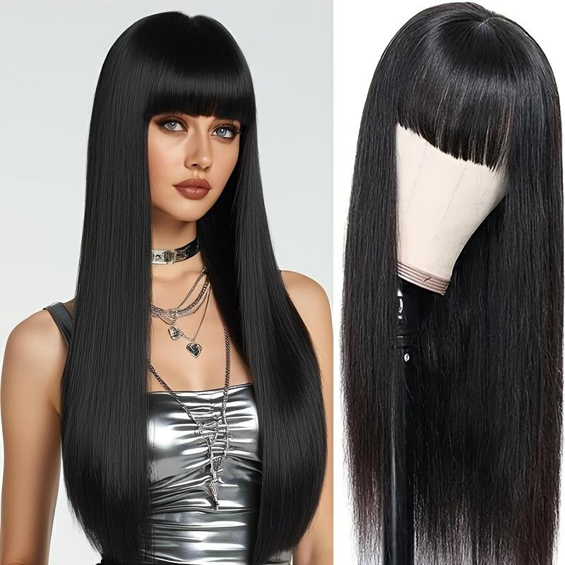 26 Inch Black Straight Synthetic Wig with Bangs, High Density - Natural Looking, Great for Women, Perfect for Daily Wear, Music