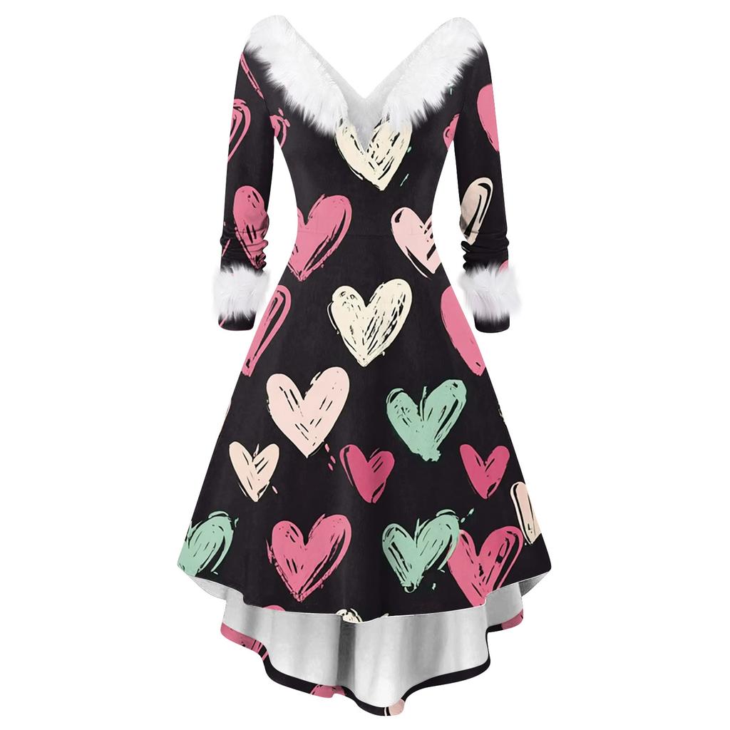 Damen stilvolles und elegantes langärmeliges V-Ausschnitt Kleid mit Valentinstags-Herzprint