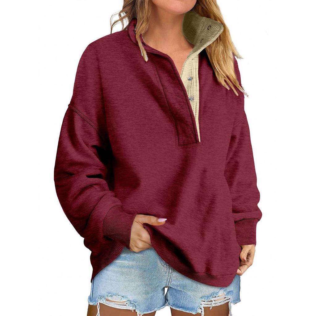 Women's Fashion Long Sleeve Solid Color Pullover Sweatshirt Casual Loose Button Sweatshirt
