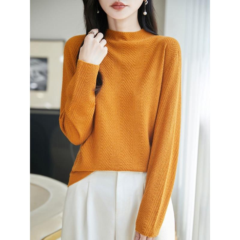 VEZFAA Women's Fashion Casual Fall Winter Solid Color Print Long Sleeve Half Turtleneck Sweaters