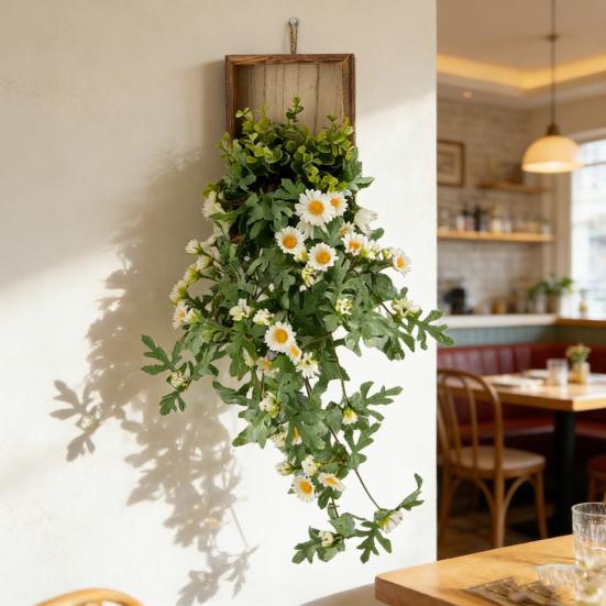 Artificial Hanging Plants with Wooden Frame Wall Hanging Faux Leaves Plants with Flowers Fake Greenery Vine for Living Room Bedroom Indoor Decor