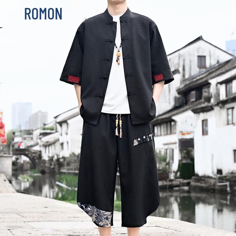 ROMON Men s New Chinese Style Embroidered Linen Blend Outfit M
