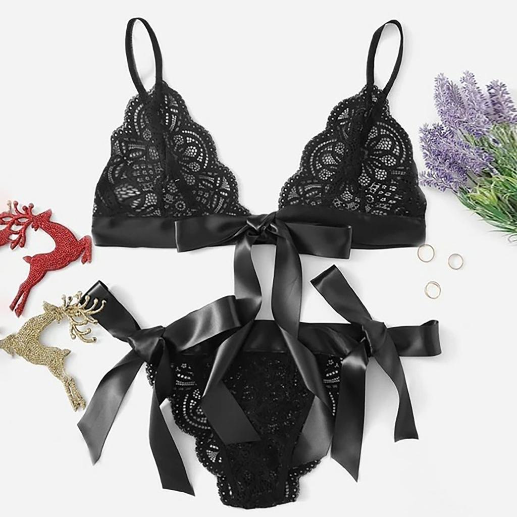 Lace Bralette Set with Bow Tie Straps Two Piece Lingerie Set Sheer Mesh Triangle Bra and Matching Panty Soft Fabric Intimate Wear for Women