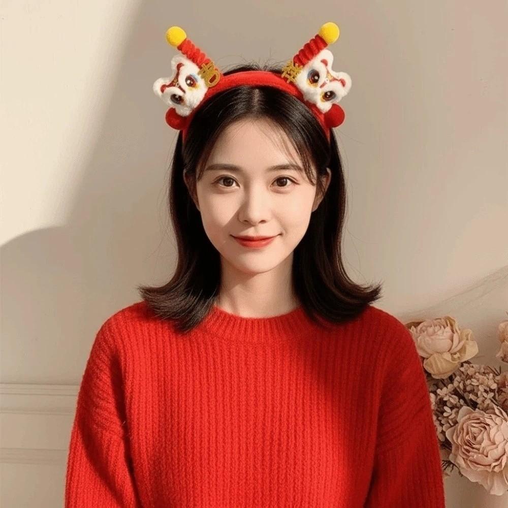 Embroidered Bow New Year Hair Hoop Lion Hanfu Hair Accessories Sweet Red Plush Headband  Kids