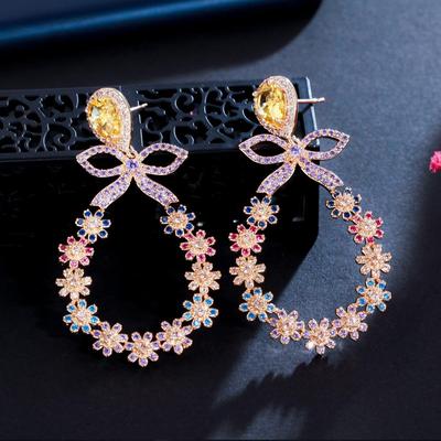 WWJ Graceful Gold Color Multicolor Cubic Zirconia Bowknot Flower Drop Earrings