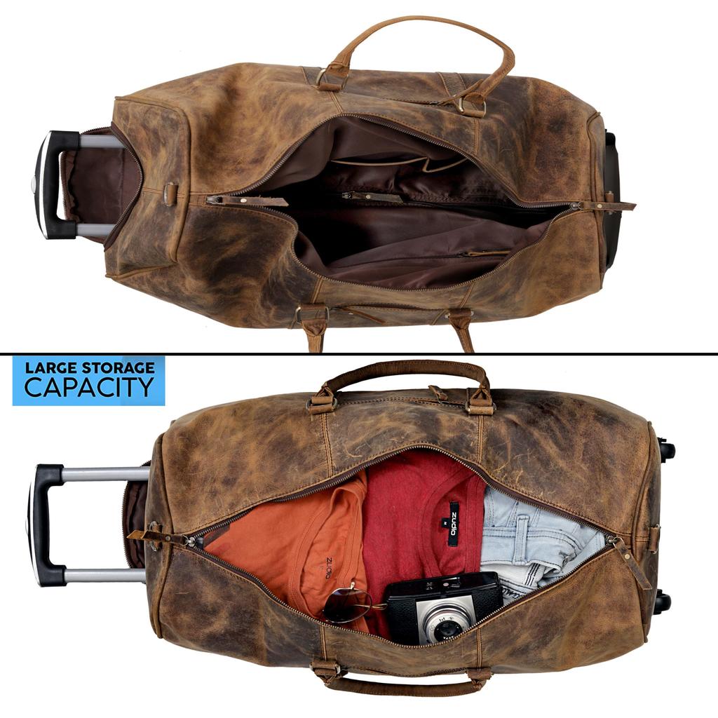 Handmade Leather Rolling Duffle Bag: 24-inch Travel Weekender