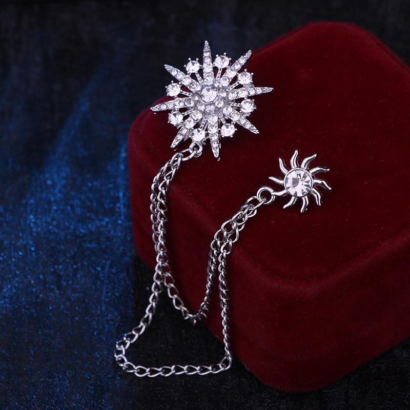 Korean Japanese Men's Starburst Brooch Badge with Chain Tassel for Suit Lapel Pin