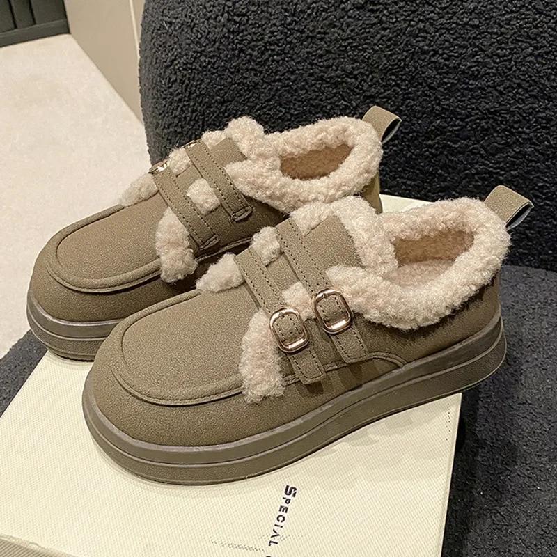 Fashion Women Clogs Platform Round Toe Loafers With Fur Casual Winter Retro New Slip-on Solid Rubber Buckle Female Sneakers Creepers Str