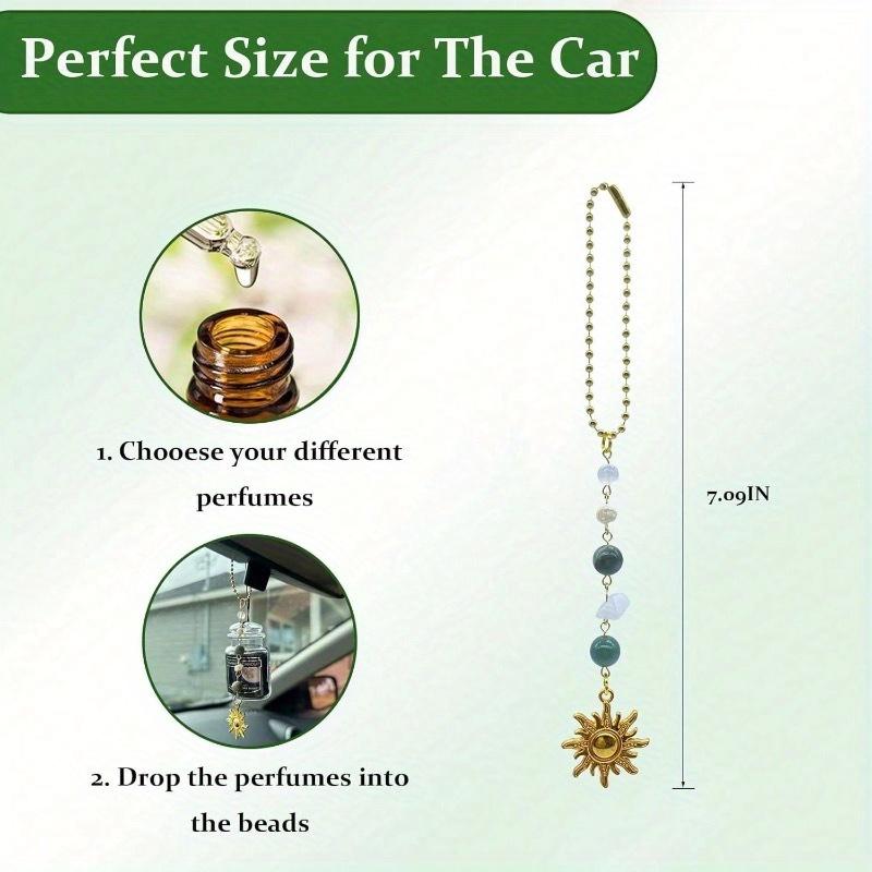 Sun Hanging Car Charm, Green And Gold Rear View Mirror Accessories Cute Boho Dangling Sun Car Decor Handmade Healing Crystals Stones Ornament Gifts