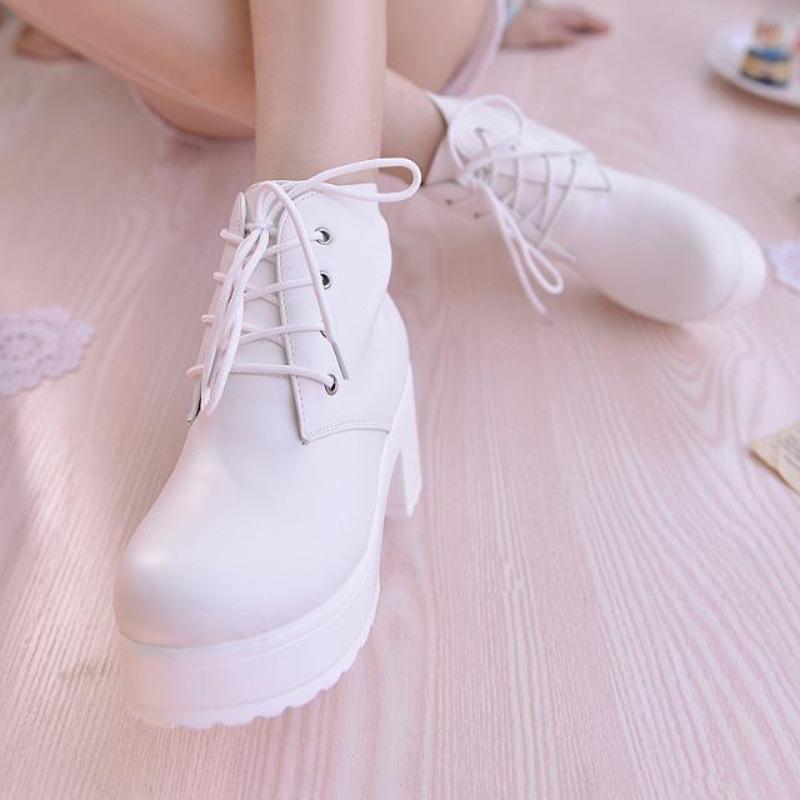 Fashion Ankle Boots for Women Fashion Black&White Punk Rock Lace Up Women Shoes Thick Heel Boots Platform Shoes Heels for Ladies