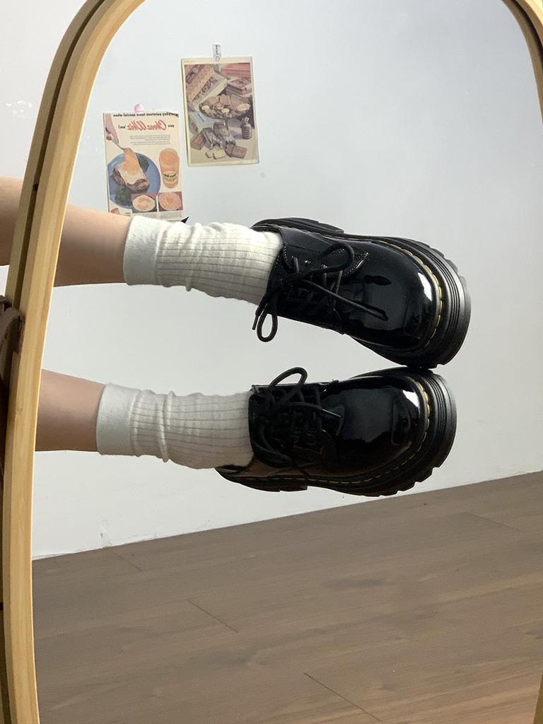 Women's Black Leather Lace-Up Round Toe Loafers - Thick Sole, Height Increasing, British Style (2025 Spring/Autumn/Winter)