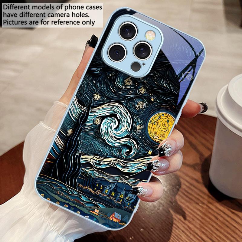 Oil Painting Starry Sky For iPhone 16 E 15 14 13 Plus 12 Mini 11 Pro Max XR Xs Max X 7 8 6 6S 2022 Tempered Glass Phone Case