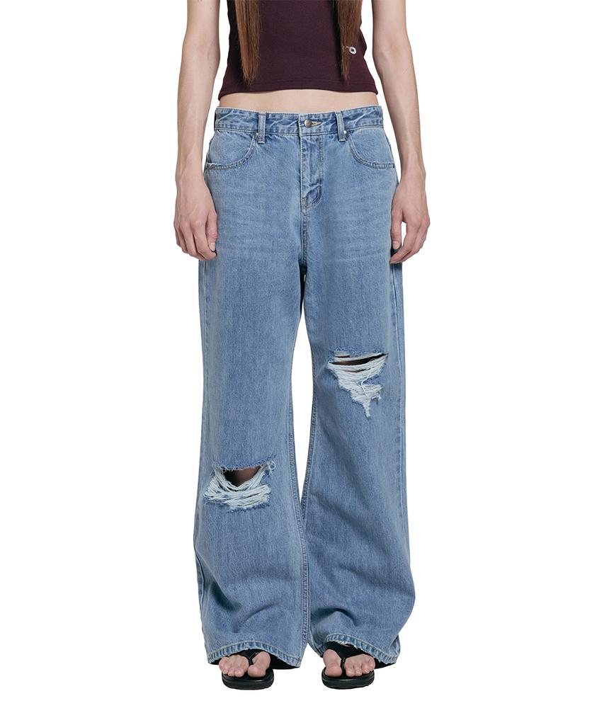 Lotaib Damage Semi-Bootcut Denim Pants - Mid Blue