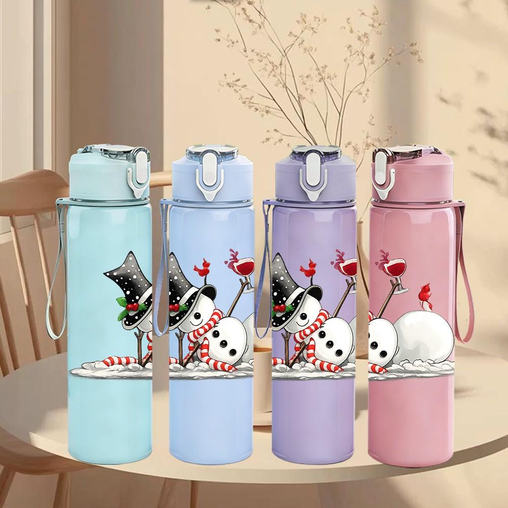 1PC Snowman Christmas Sleigh Art Print 750ml Color Plastic Sports Water Bottle Leakproof Flip Straw Lid Suitable for Sports Office Home Use