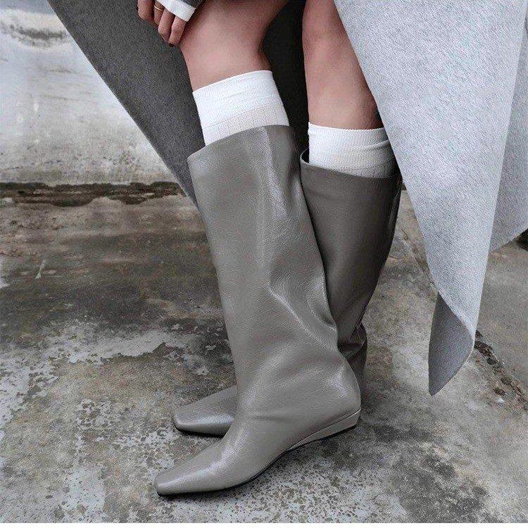 Cowhide version~ autumn and winter new Korean version of simple square head versatile temperament low heel knight boots women's sleeve medium