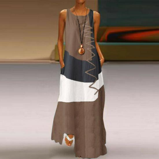 New Women's Retro V-Neck Sleeveless Printed Summer Dress with Pockets, Style 9333