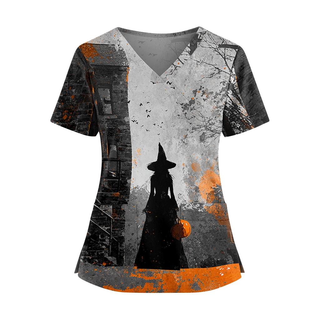 Haut d'uniforme d'infirmière à manches courtes et col en V avec imprimé Halloween, double poche et fentes latérales pour les professionnels de la santé