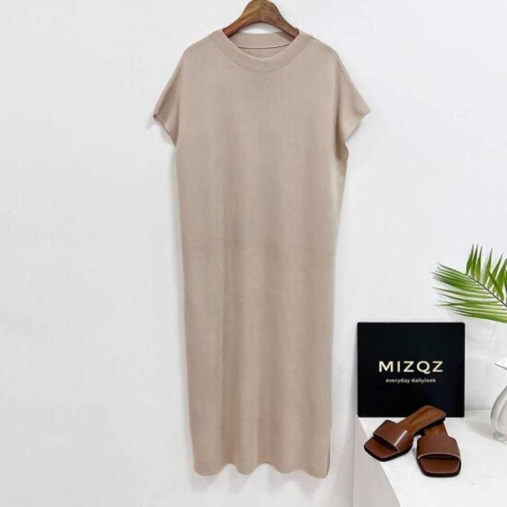 MizQz Women Loose Fit Side Slit Short Sleeve Long Knit Dress Mz Qz