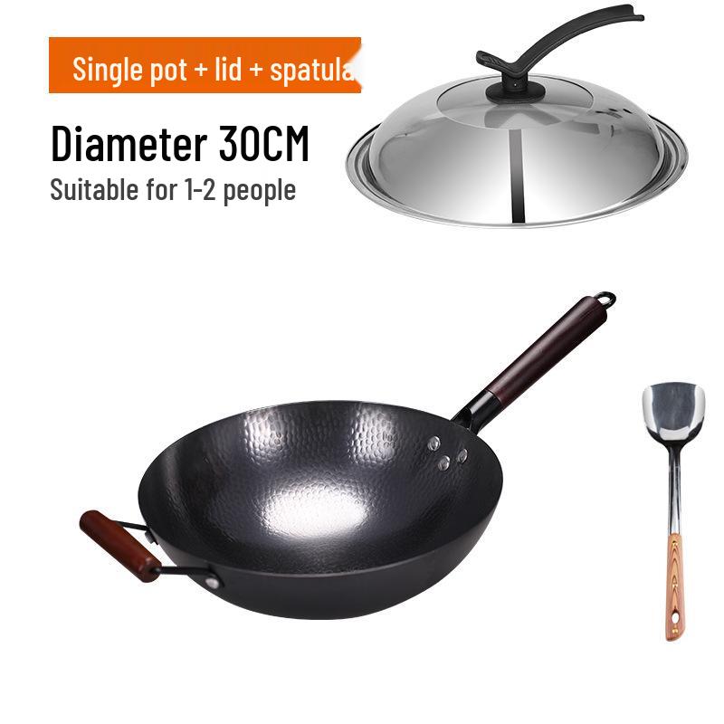 Zhangqiu Hand-Hammered Uncoated Non-Stick Wrought Iron Stir-Fry Wok with Spatula