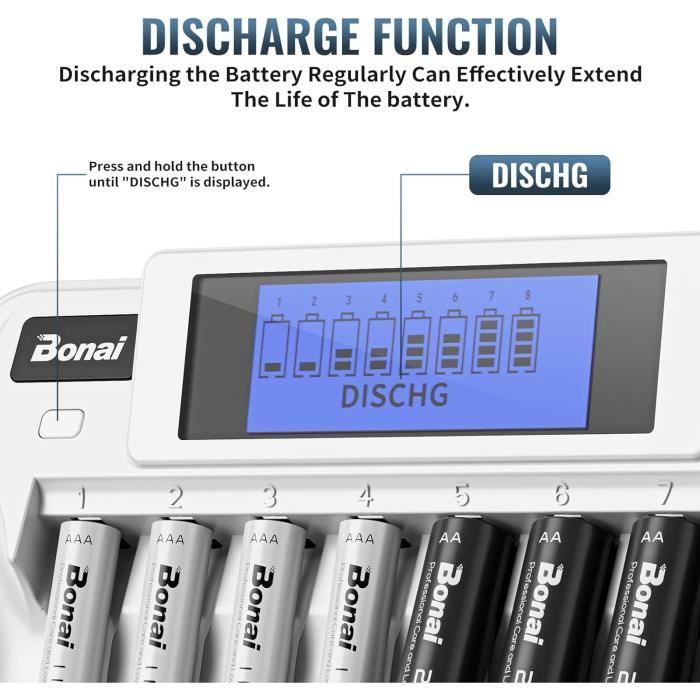Chargeur de Piles - BONAI - 9 Slots Indépendants - Chargeur Rapide - Compatible AA/AAA/9V