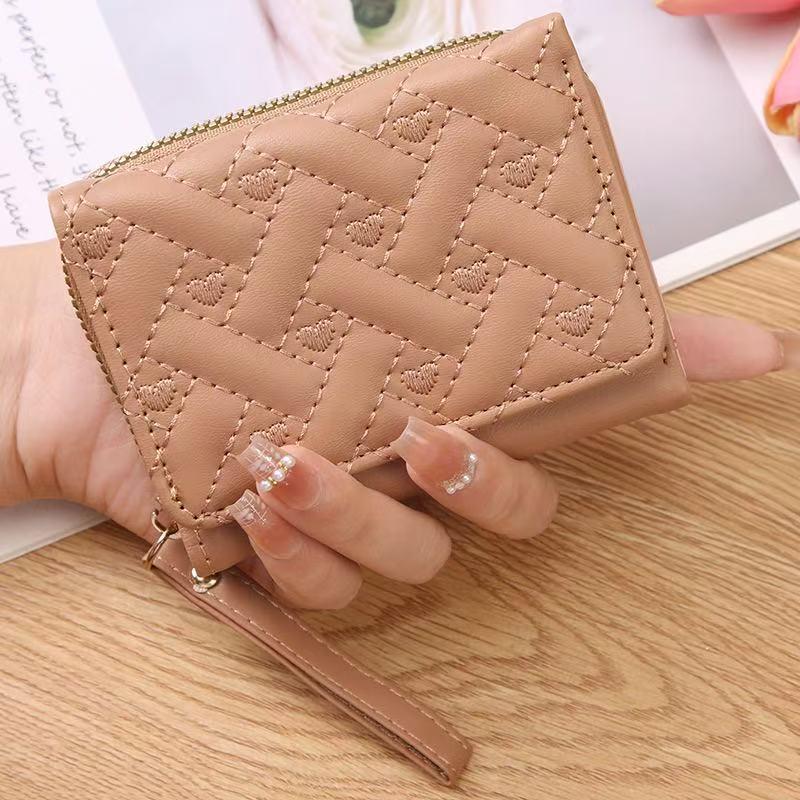 Women'S Wallet Tri Fold Card Bag Pu Multi Objects Pocket Short  Embroidered Love Pattern Korean Minimalist
