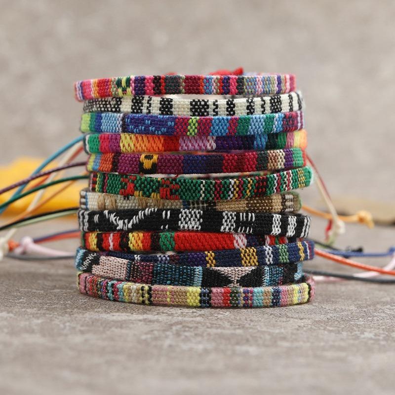 Hot-selling cotton men's and women's bohemian hand-woven bracelets, 12-piece set, colorful surf bracelets